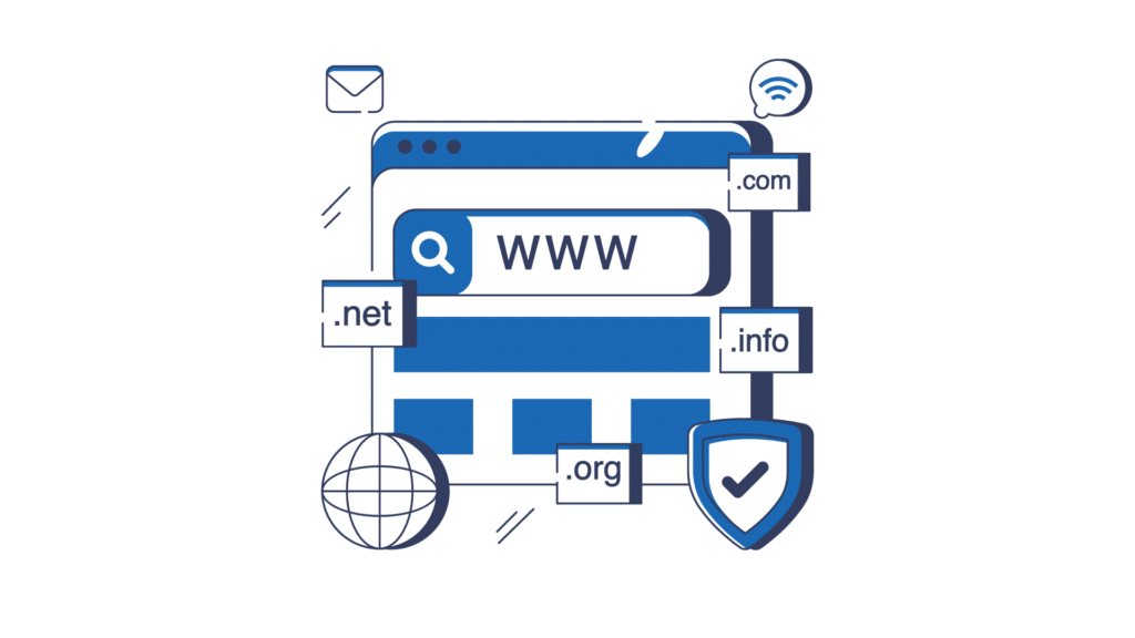 رسم توضيحي لخيارات امتدادات النطاقات المختلفة (.com، .net، .org، .info) وأهميتها في اختيار اسم النطاق ( الدومين) المناسب.